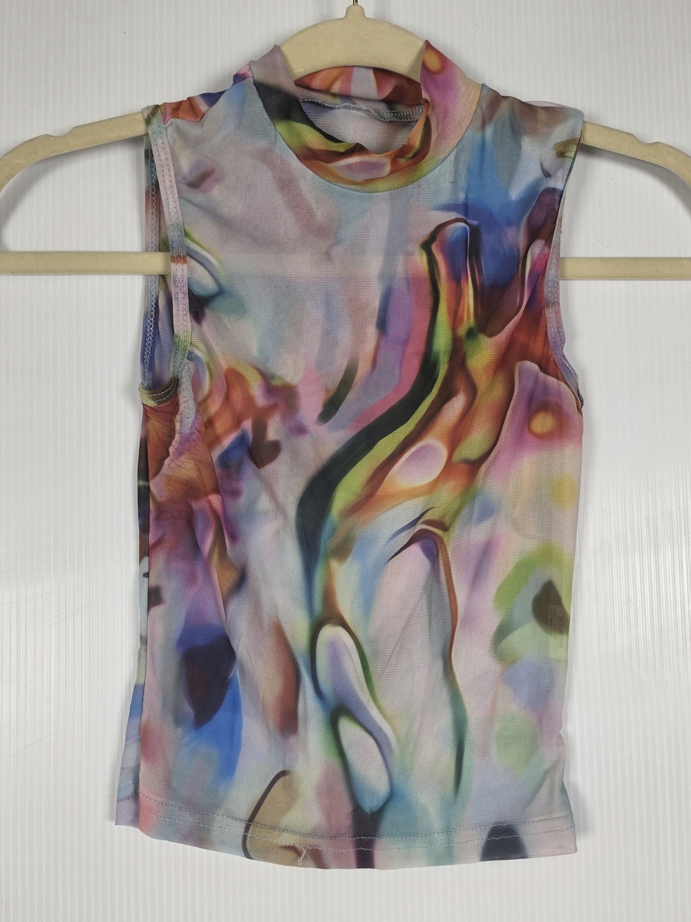 Sleeveless Mock Neck Multicolor Abstract Print Top
